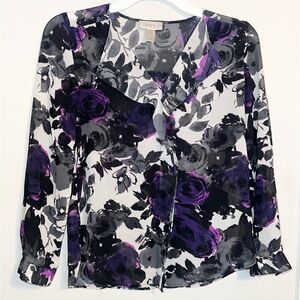 LOFT Black, Purple and Gray Floral V-Neck Blouse